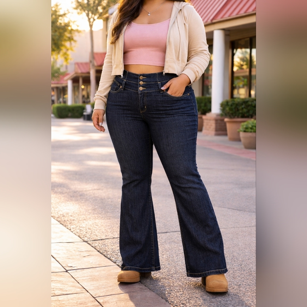Y2K No Shame Flare Jeans Size 22 Dark Wash‎ Plus Size Wide Waistband Button Fly